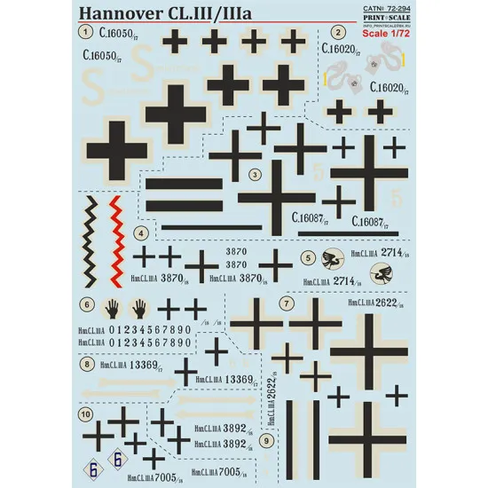 DECAL 1/72 FOR HANNOVER CL.LLL/LLLA PRINT SCALE 72-294