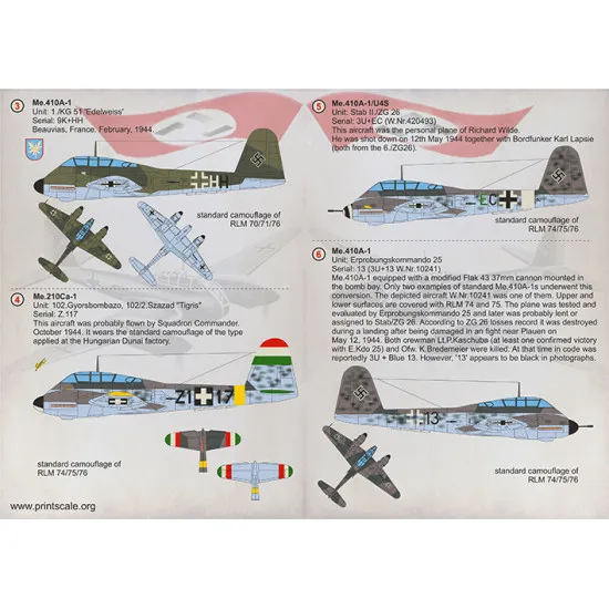 DECAL 1/72 FOR MESSERSCHMITT ME.210 ME.410 HORNISSE PRINT SCALE 72-298