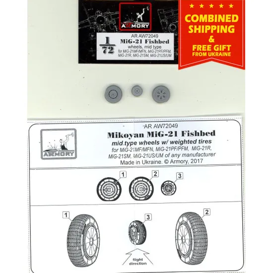MIKOYAN MIG-21 FISHBED WHEELS W/ WEIGHTED TIRES, MID ARMORY AW72049 SCALE 1/72