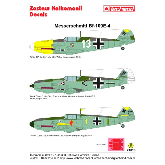 Techmod 24010 1/24 Messerschmitt Bf 109e-4 German Aircraft Wet Decal With Masks