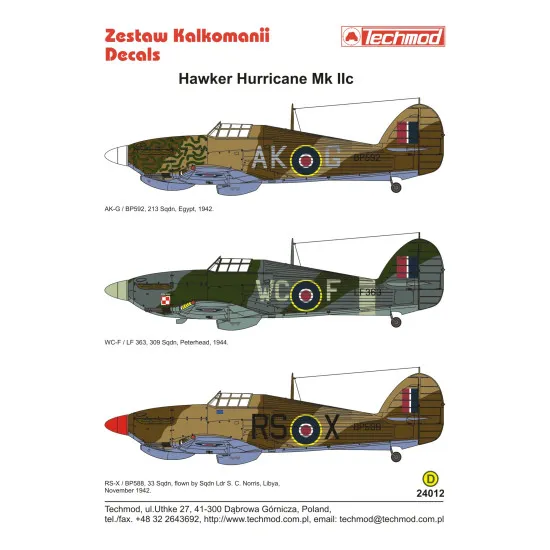 Techmod 24012 1/24 Hawker Hurricane Iic Polish Raf Aircraft Wet Decal Wwii