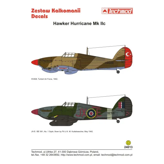 Techmod 24013 1/24 Hawker Hurricane Iic Turkish Raf Aircraft Wet Decal Wwii