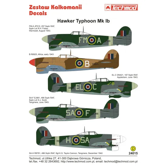 Techmod 24015 1/24 Typhoon Mk Ib Aircraft Wet Decal Wwii