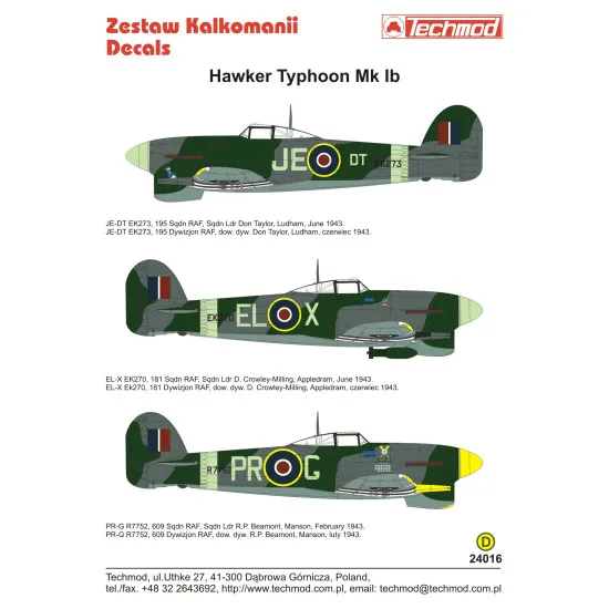 Techmod 24016 1/24 Typhoon Mk Ib Raf Squandron Aircraft Wet Decal Wwii