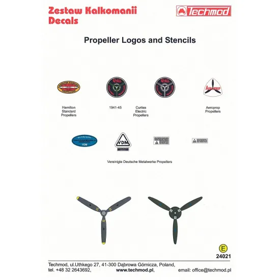 Techmod 24021 1/24 Propeller Logos Stencils Aircraft Wet Decal Hamilton Curtiss