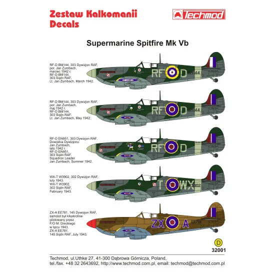 Techmod 32001 1/32 Supermarine Spitfire Mk Vb Raf Polish Fighter Wet Decal Wwii