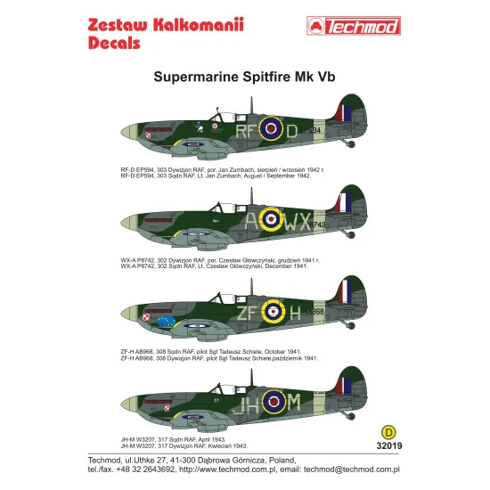 Techmod 32019 1/32 Supermarine Spitfire Mk Vb Polish Aircraft Wet Decal Wwii