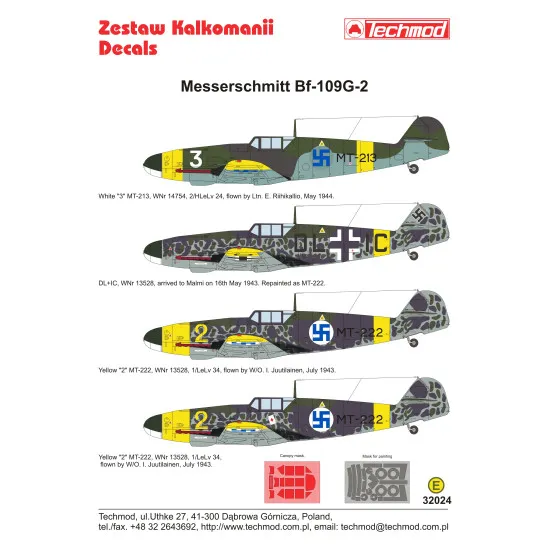 Techmod 32024 1/32 Messerschmitt Bf 109g-2 Aircraft Wet Decal W Painting Masks