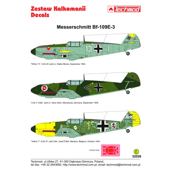 Techmod 32026 1/32 Messerschmitt Bf 109e-3 1939-1940 Aircraft Wet Decal W/Masks