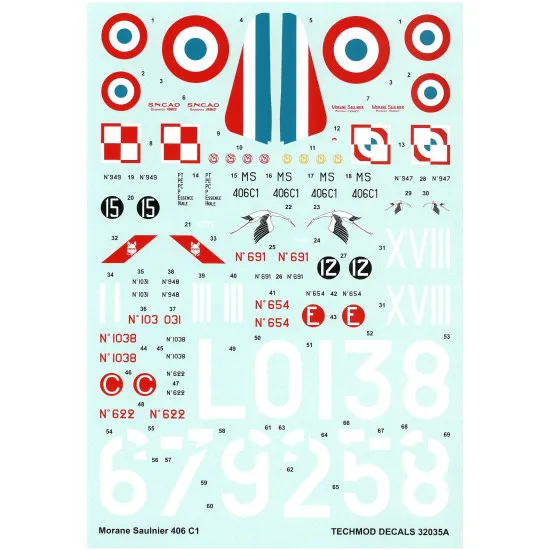 Techmod 32035 1/32 Morane Saulnier Ms 406c1 1940 French Fighter Aircraft Wet Decal Wwii