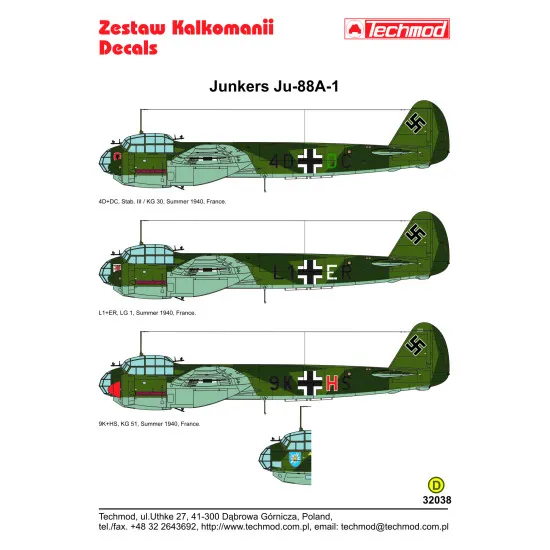 Techmod 32038 1/32 Junkers Ju 88a-1 German Aircraft 1940 Wet Decal