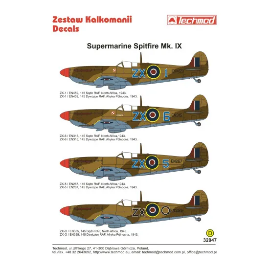 Techmod 32047 1/32 Supermarine Spitfire Ix Fighter Wet Decal Wwii W/Masks
