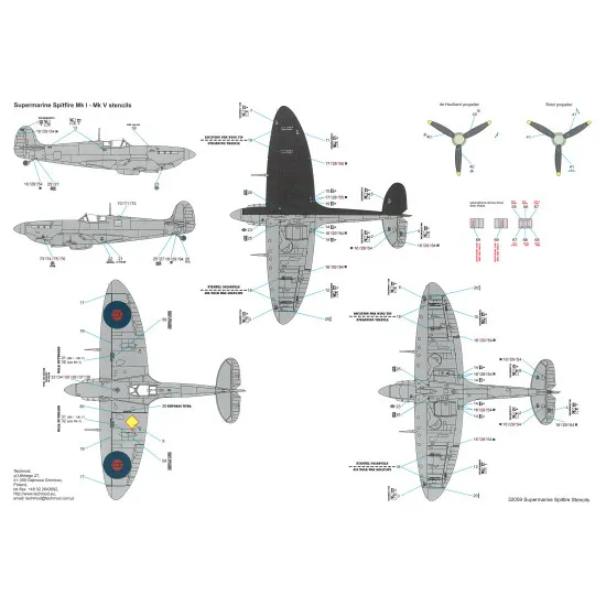 Techmod 32059 1/32 Spitfire Mk I Stencils Fighter Aircraft Wet Decal