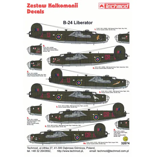 Techmod 32074 1/32 B-24 Liberator 1944-45 Brindisi Italy Aircraft Wet Decal Wwii