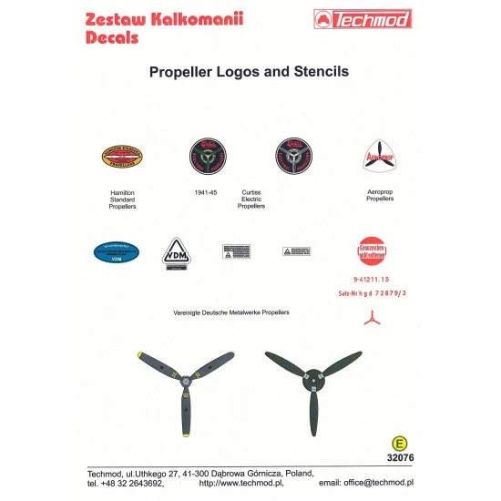 Techmod 32076 1/32 Propeller Logos Stencils Aircraft Wet Decal Hamilton Curtiss