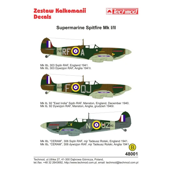 Techmod 48001 1/48 Supermarine Spitfire Mk I/Iib 1940-1941 Wet Decal Wwii