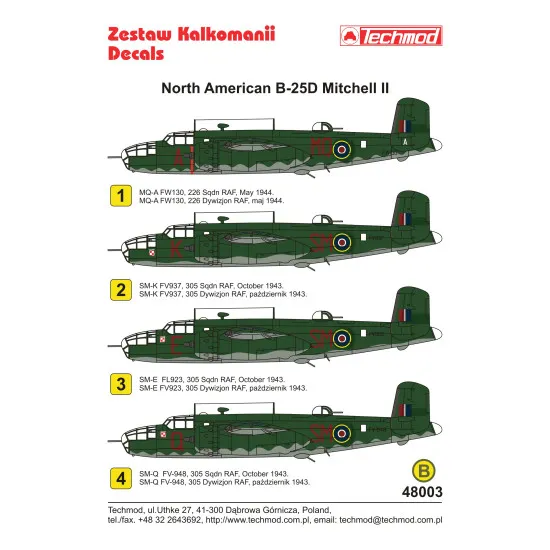 Techmod 48003 1/48 North American B-25d Mitchell Ii Raf Polish Wet Decal Wwii