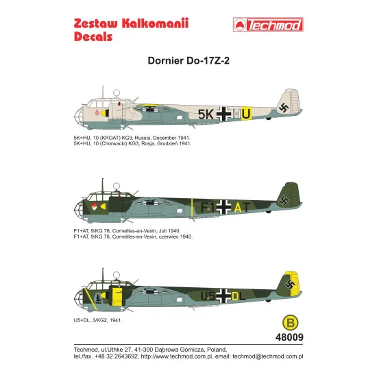 Techmod 48009 1/48 Dornier Do 17z German Bomber 1940-41 Wet Decal Wwii