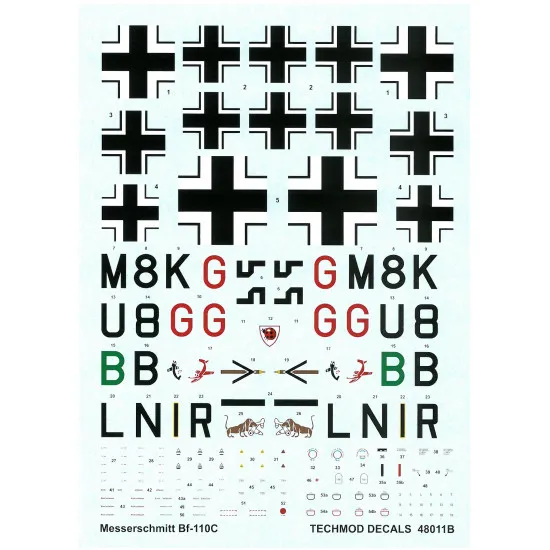 Techmod 48011 1/48 Messerschmitt Bf 110c German Fighter 1939-41 Wet Decal Wwii