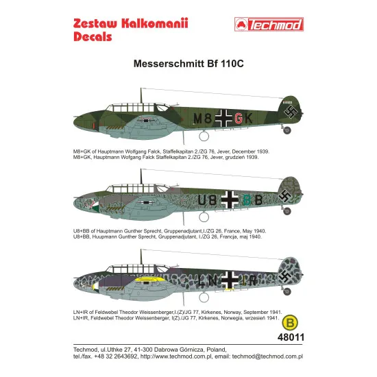 Techmod 48011 1/48 Messerschmitt Bf 110c German Fighter 1939-41 Wet Decal Wwii