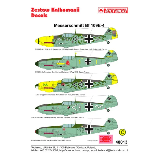 Techmod 48013 1/48 Messerschmitt Bf 109e-4 German Fighter 1940-41 Wet Decal Wwii