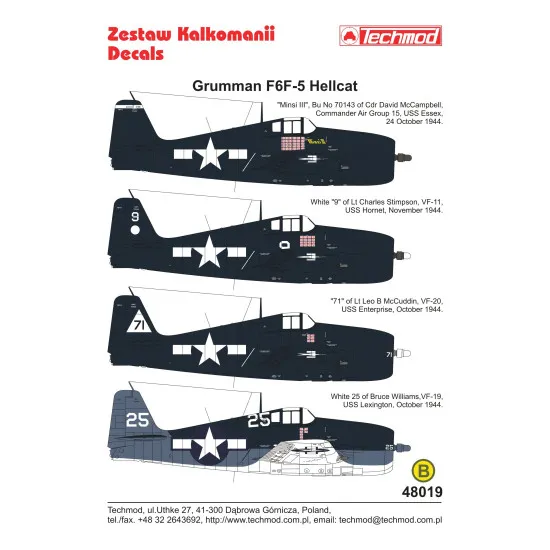 Techmod 48019 1/48 Grumman F6f-5 Hellcat 1944 Fighter Aircraft Wet Decal Wwii