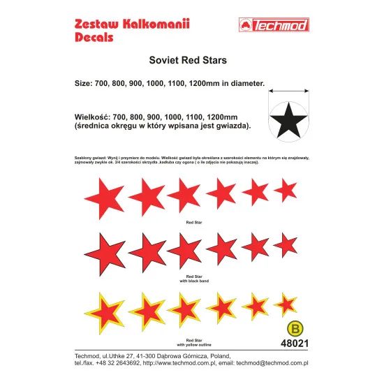 Techmod 48021 1/48 Soviet Red Stars W/Black yellow Outline Wet Decal Wwii