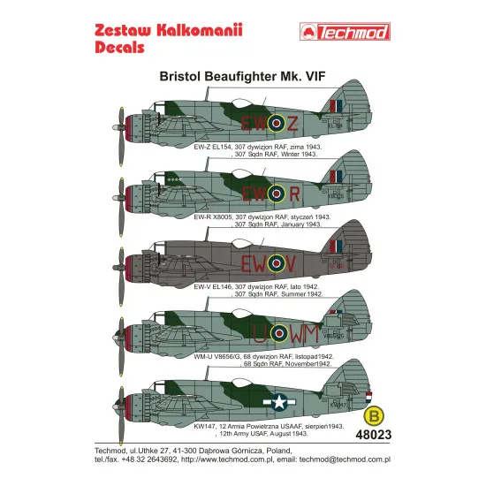 Techmod 48023 1/48 Bristol Beaufighter Vi 1942-1943 Aircraft Wet Decal Wwii