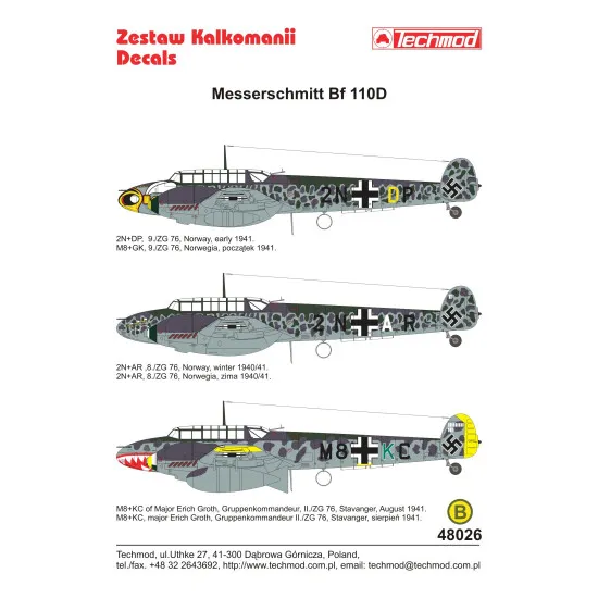 Techmod 48026 1/48 Messerschmitt Bf 110d Norway 1940 Aircraft Wet Decal Wwii