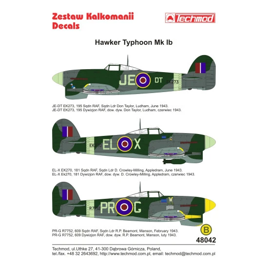 Techmod 48042 1/48 Hawker Typhoon Ib 1943 Aircraft Wet Decal Wwii