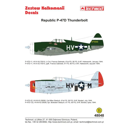 Techmod 48048 1/48 Republic P-47d Thunderbolt Us Fighter Aircraft Wet Decal Wwii
