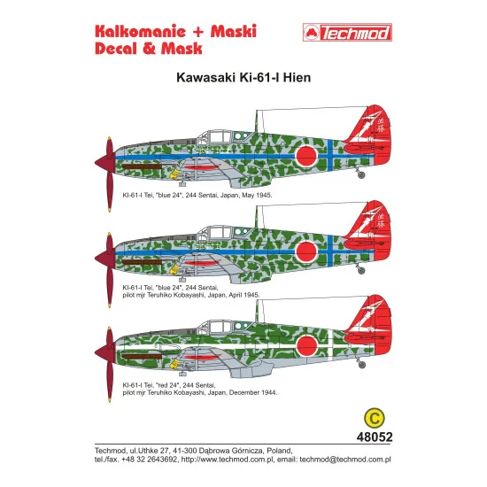 Techmod 48052 1/48 Kawasaki Ki-61 Hien Blue Japan 1944-1945 Aircraft Wet Decal Wwii