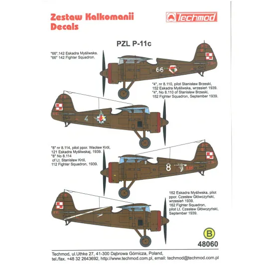 Techmod 48060 1/48 Pzl P11c Polish 1939 Fighter Aircraft Wet Decal Wwii