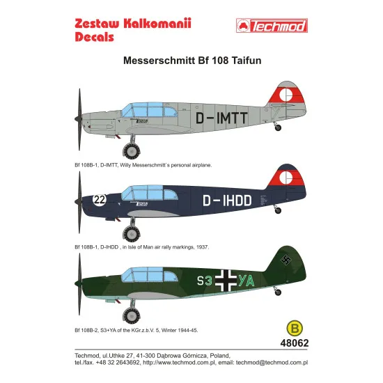 Techmod 48062 1/48 Messerschmitt Bf 108 Taifun Aircraft Wet Decal Wwii