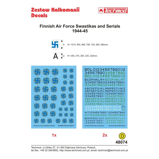 Techmod 48074 1/48 Finnish Air Force Signs And Serials 1944-45 Wet Decal Wwii