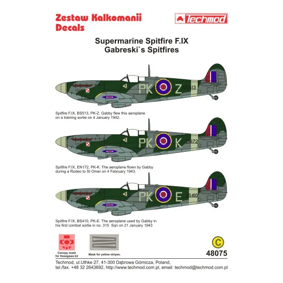 Techmod 48075 1/48 Supermarine Spitfire F.ix Gabreskis Spitfires Wet Decal W/Mask