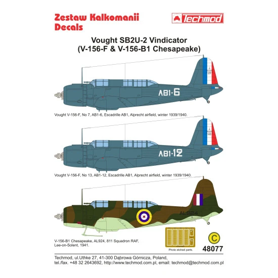 Techmod 48077 1/48 Vought Sb2u-2 Vindicator V-156 Chesapeake Wet Decal Wwii W/Pe