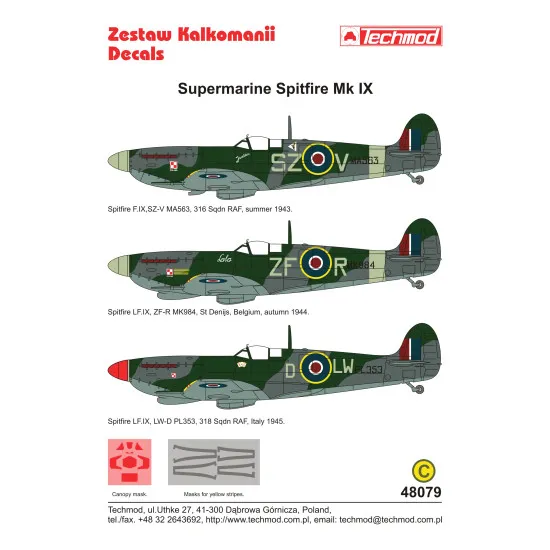 Techmod 48079 1/48 Supermarine Spitfire Ix Polish Aircraft Wet Decal W/Masks Wwii