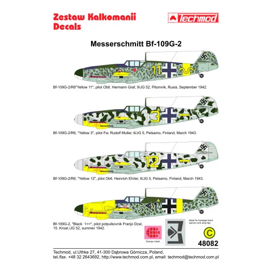 Techmod 48082 1/48 Messerschmitt Bf 109e-4 1942-43 Fighter Wet Decal Wwii W/Mask