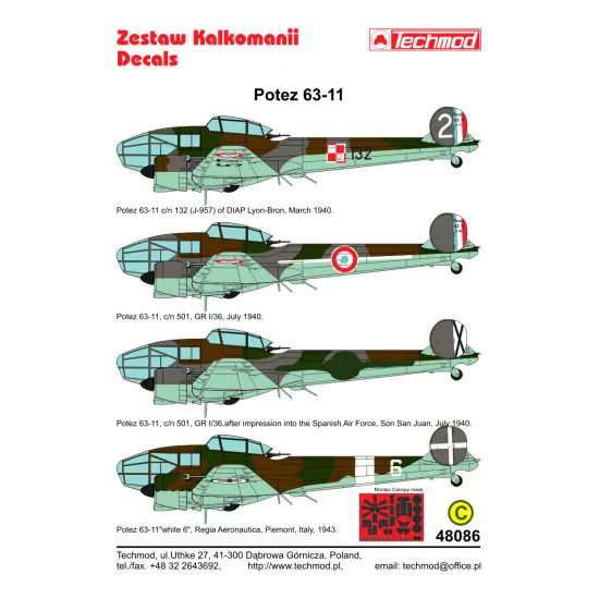 Techmod 48086 1/48 Potez 63-11 French Fighter Wet Decal Wwii W/Mask Wwiiv