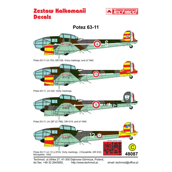 Techmod 48087 1/48 Potez 63-11 French Fighter Wet Decal Wwii W/Mask Wwii