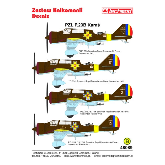 Techmod 48089 1/48 Pzl 23b Karas Polish Light Bomber 1941 Wet Decal Wwii W/Mask