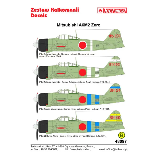 Techmod 48097 1/48 Mitsubishi A6m2 Zero Japan Aircraft Wet Decal Pearl Harbor