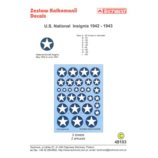 Techmod 48103 1/48 Us National Insignia 1942-1943 2 Sheets Aircraft Wet Decal