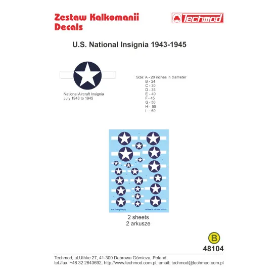 Techmod 48104 1/48 Us National Insignia 1943-1945 Aircraft Wet Decal Wwii