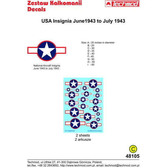 Techmod 48105 1/48 Us National Insignia June 1943 To July 1943 Wet Decal Wwii