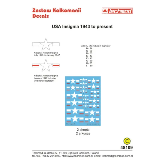 Techmod 48109 1/48 Us Insignia 1943 To Present Wet Decal