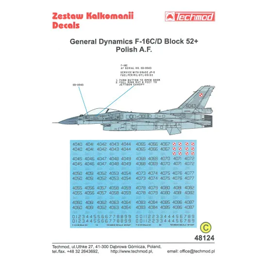 Techmod 48124 1/48 General Dynamics F-16c/D Block 52 Polish Aircraft Wet Decal