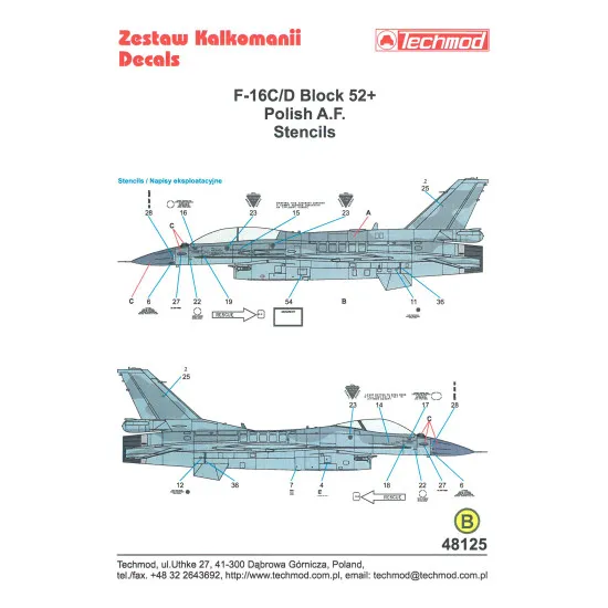 Techmod 48125 1/48 F-16c/D Block 52 Polish Af Stencils Aircraft Wet Decal