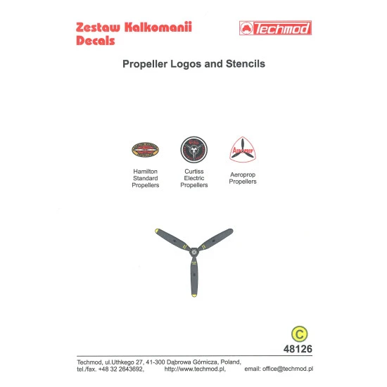 Techmod 48126 1/48 Propeller Logos And Stencils Hamilton Curtiss Aircraft Decal